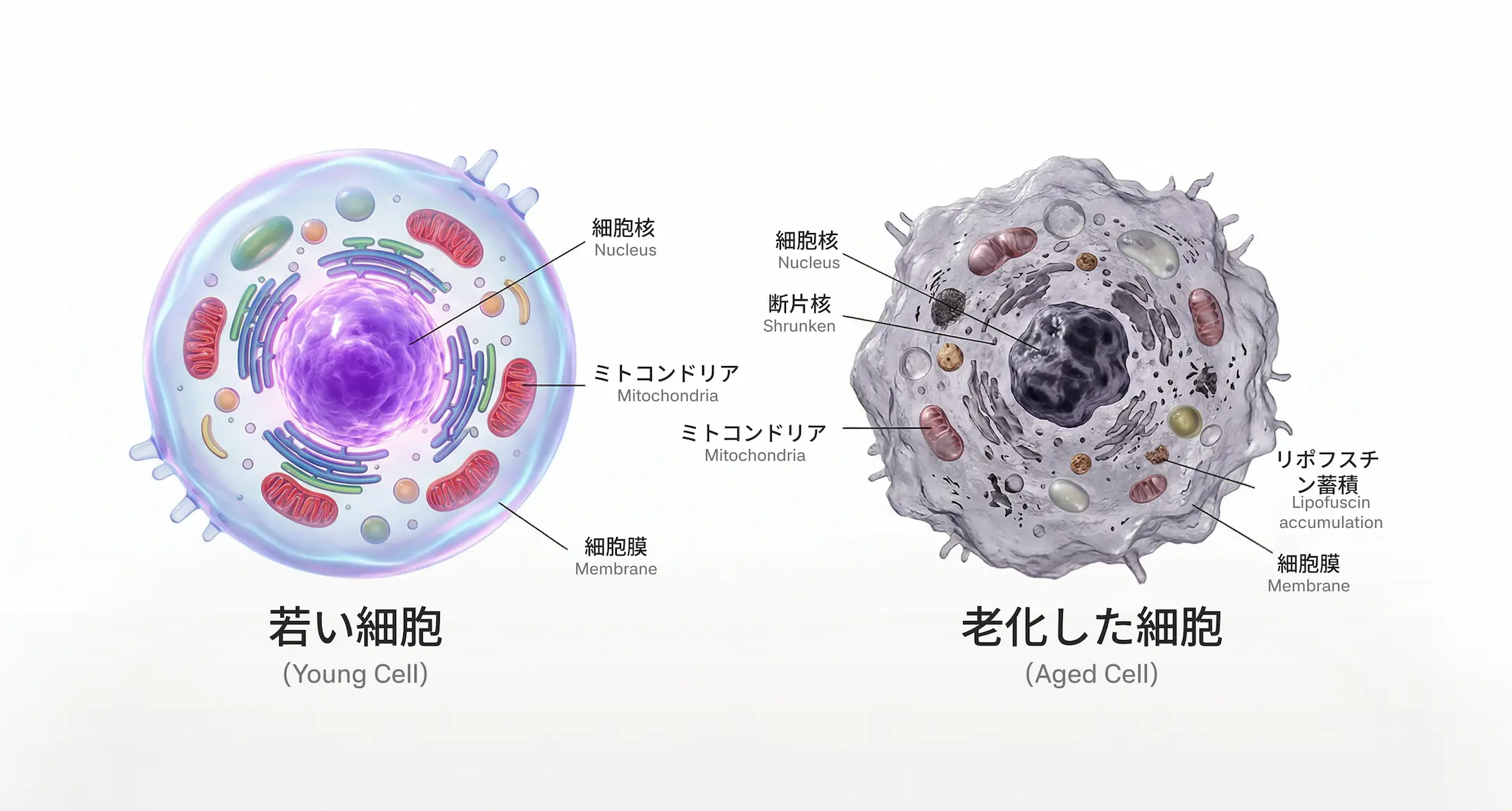 加齢による幹細胞の変化:数・質・環境 幹細胞の老化・加齢による細胞変化のイラスト 銀座YRクリニック