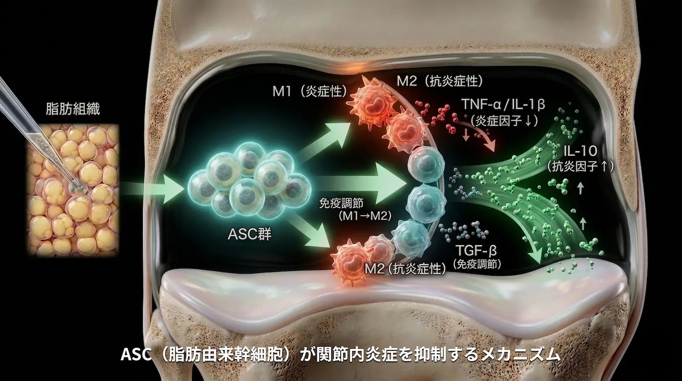 ASC（脂肪由来幹細胞）が関節内で炎症を抑制し環境を改善するメカニズム図解