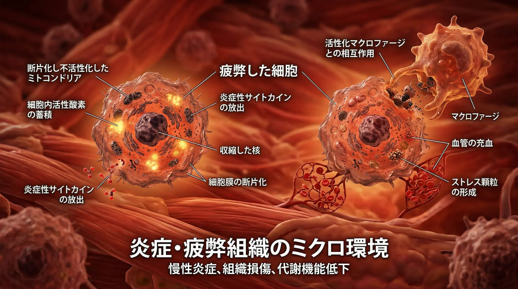 慢性炎症と幹細胞の老化加速 慢性炎症が幹細胞機能低下を加速させるイメージ 銀座YRクリニック 再生医療