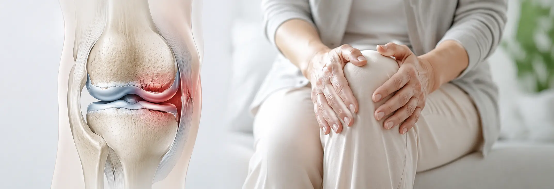 膝関節の断面図（軟骨損傷・炎症）と膝を押さえる女性 変形性膝関節症の進行イメージ 銀座YRクリニック