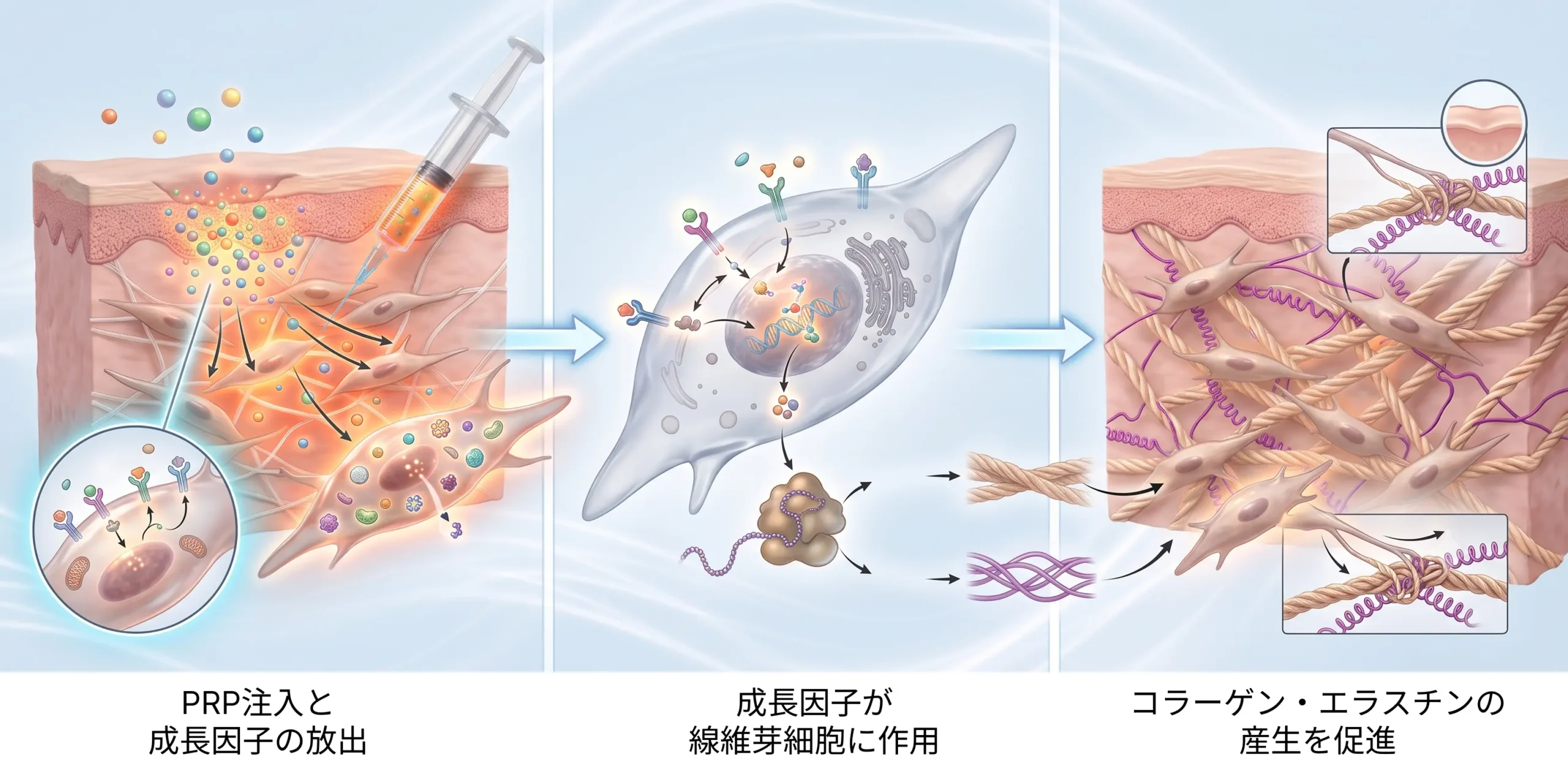 真皮の線維芽細胞とコラーゲン産生のしくみ 表皮・真皮・線維芽細胞とコラーゲン線維の構造を示した図解