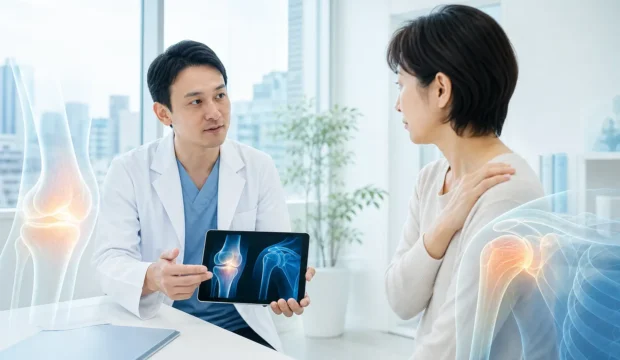 Doctor explains knee X-ray images to a patient during a consultation in a bright clinic setting, showing knee joints on a tablet screen.