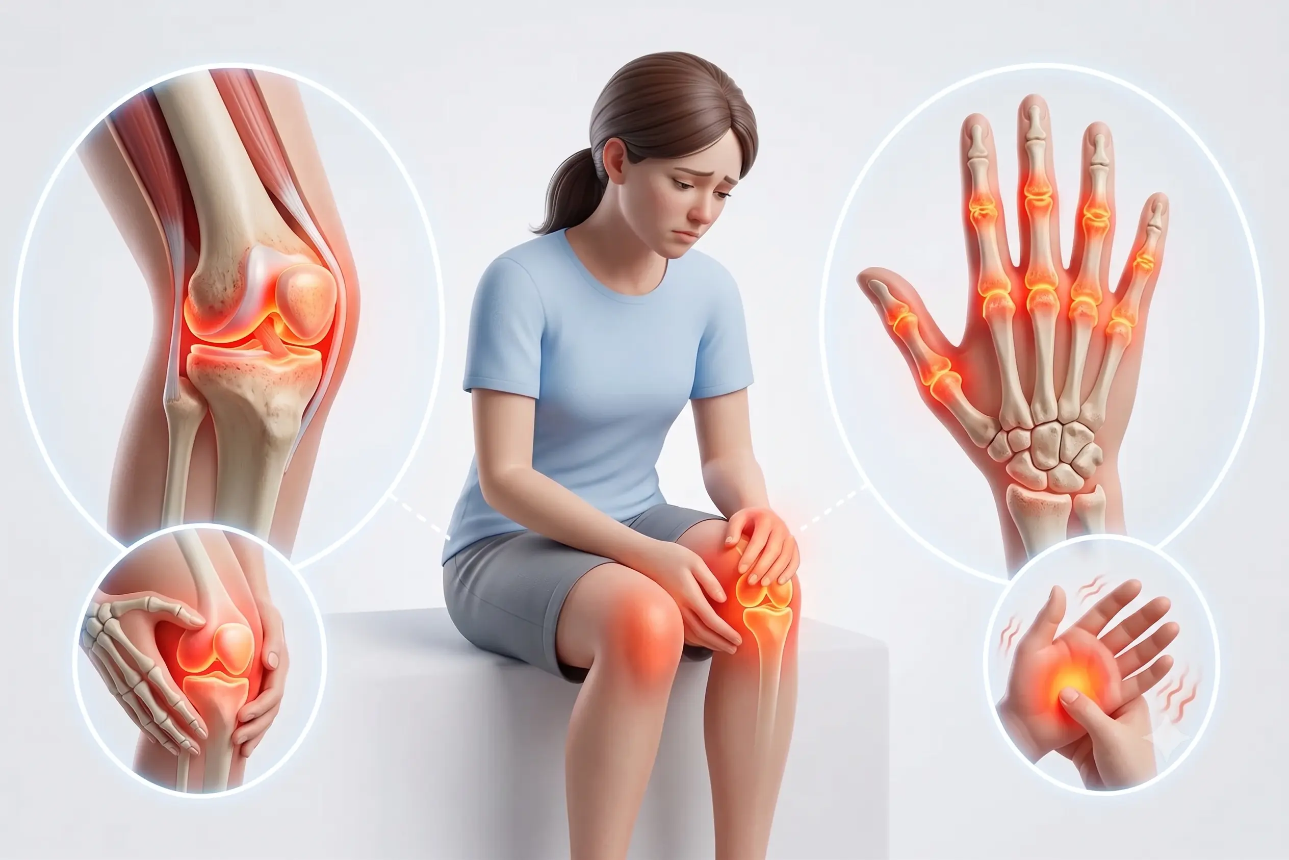 Illustration of inflammation in the knee and finger joints, joint pain and osteoarthritis, Ginza YR Clinic